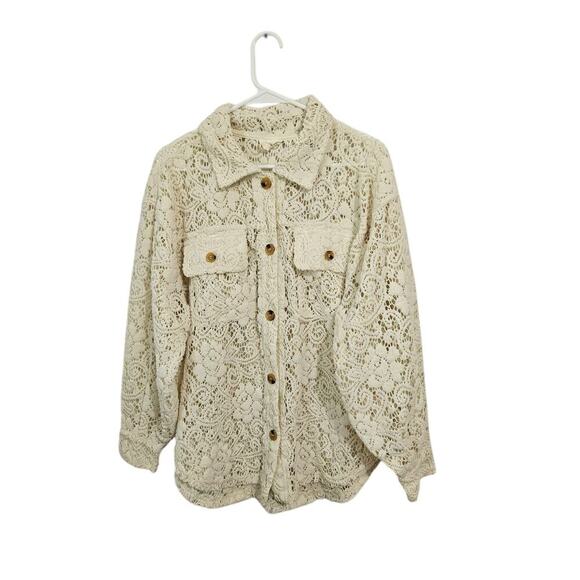 Bibi Oversized Cream Lace Button Down Shacket Size Small Front Pockets Collar - Picture 2 of 10